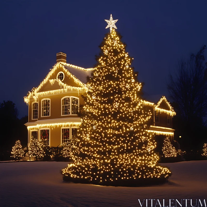 Festive Holiday Lighting on Christmas Tree and House AI Image