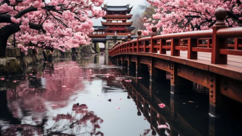 Enchanting Asian Bridge with Pink Blossoms in a Monochromatic Anime-inspired Style