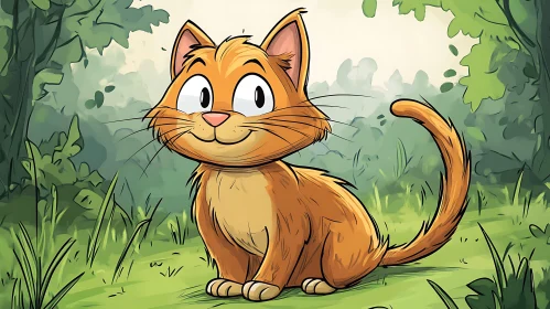 Cute Cartoon Cat in a Green Forest