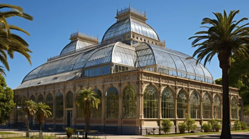 Glass Greenhouse with Ornate Metal Framework Surrounded by Palm Trees