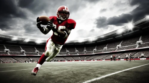 Intense Moment: American Football Player in Red Uniform Catching Pass