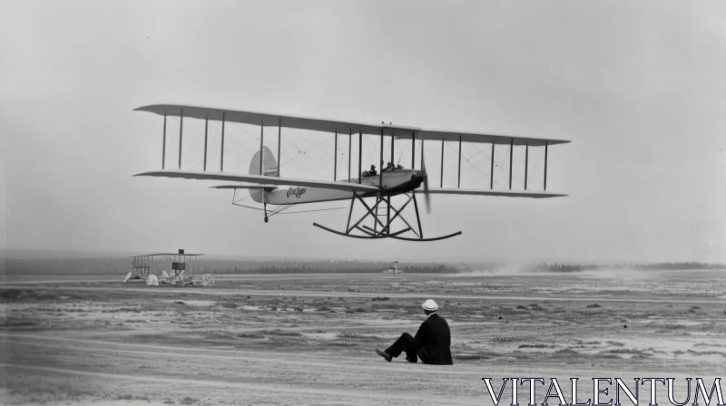 Man Watching Biplane Take Off in Black and White AI Image