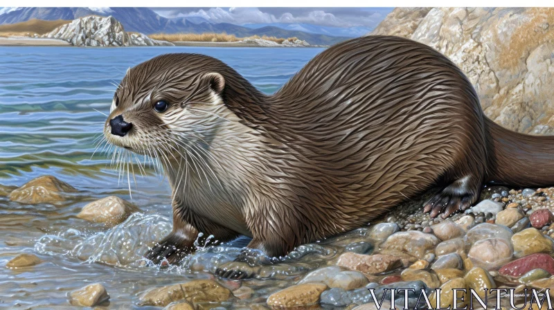 North American River Otter in Water and on Rocks - Captivating Wildlife Art AI Image