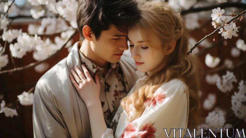 Romantic Victorian Couple in Embrace under Cherry Blossoms AI Image