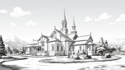 Small Church Sketch with Mountain Landscape