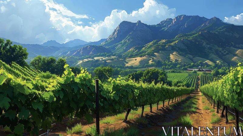 Tranquil Vineyard Landscape with Majestic Mountains AI Image