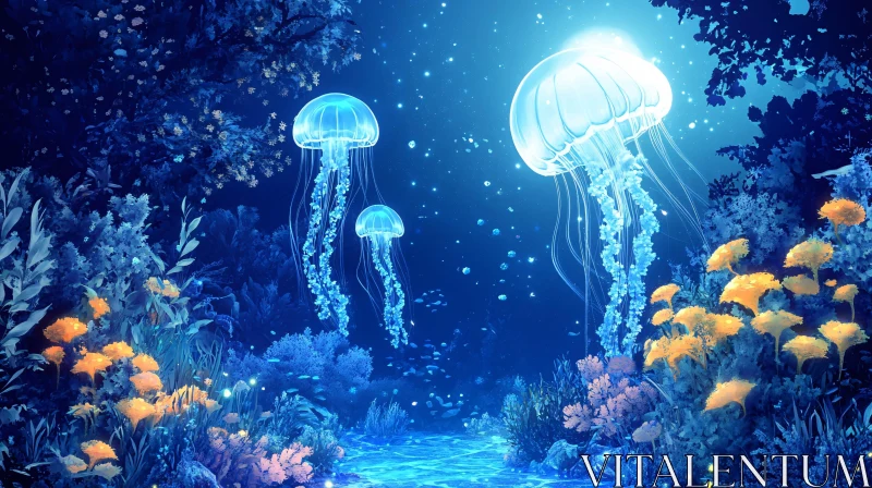 AI ART Mystical Marine Life with Illuminated Jellyfish