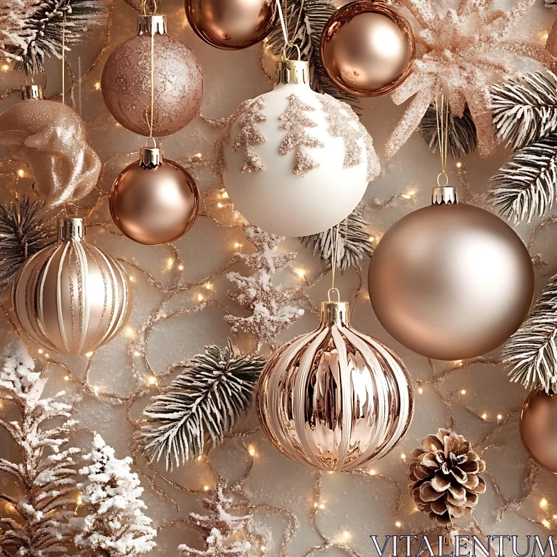 Holiday Decor with Rose Gold Ornaments and Snowy Pine AI Image