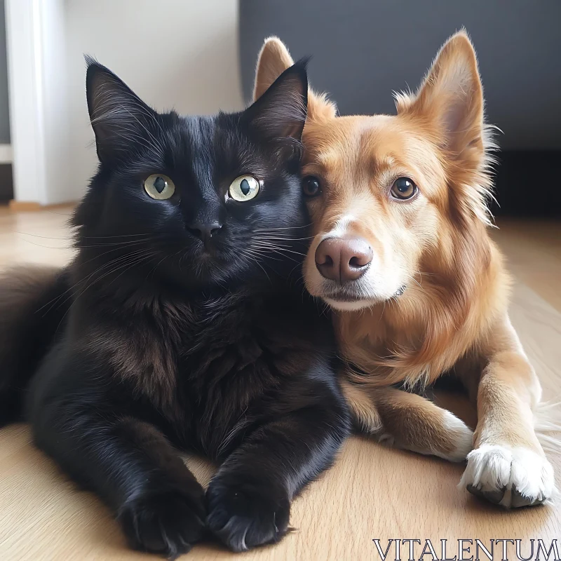 Bonding of Black Cat and Golden Dog AI Image