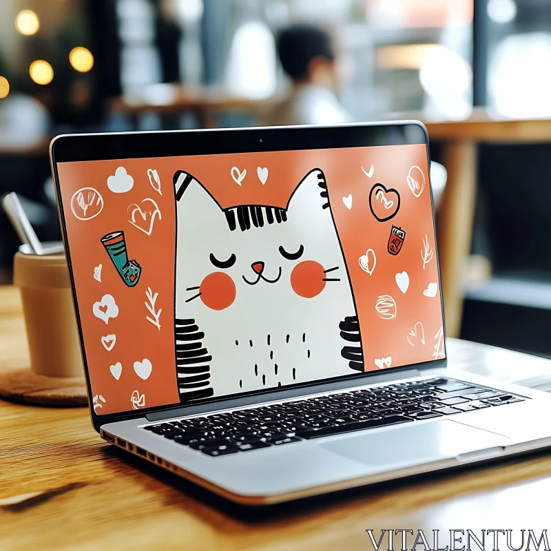 Cute Cat Illustration on Laptop AI Image