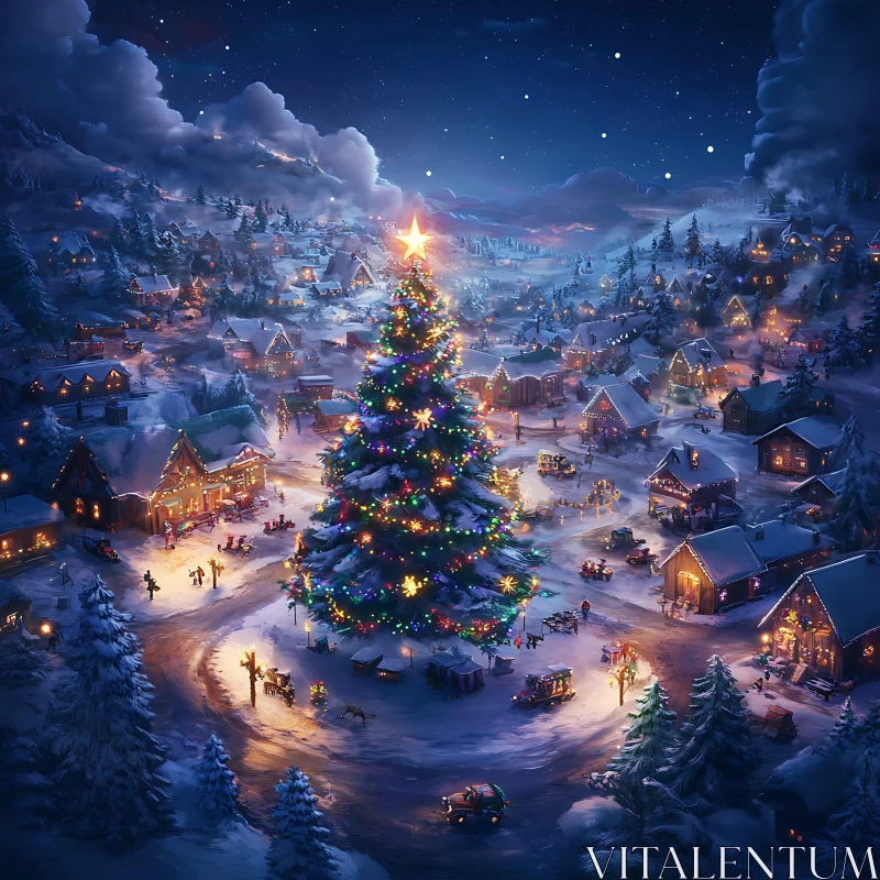 Enchanting Holiday Village with Central Christmas Tree AI Image