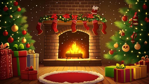 Warm Holiday Fireplace and Decorated Christmas Trees