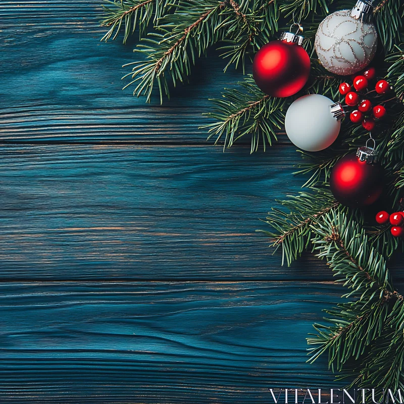 Holiday Decorations with Pine Branches and Red Baubles AI Image