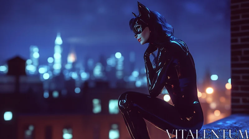 Catwoman on a Rooftop Observing the City at Night AI Image