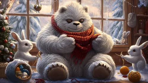 Warm Holiday Scene with Bear and Bunnies