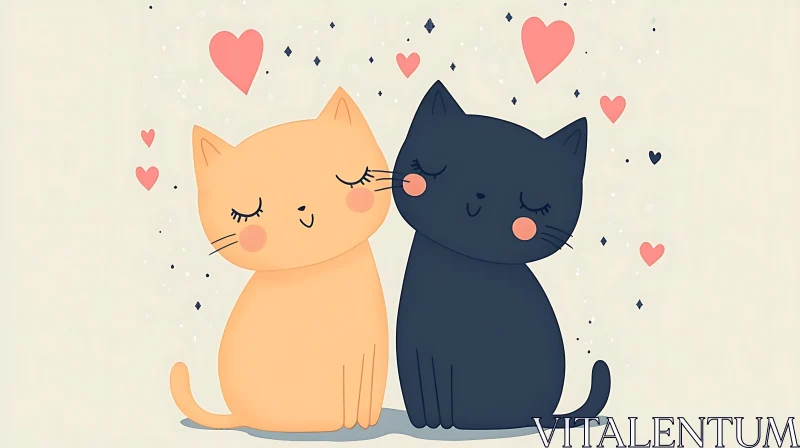 Cute Cartoon Cats Illustration with Sparkling Hearts AI Image