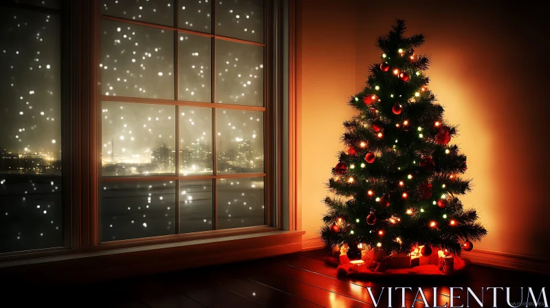 Christmas Tree with City Lights and Snowfall AI Image