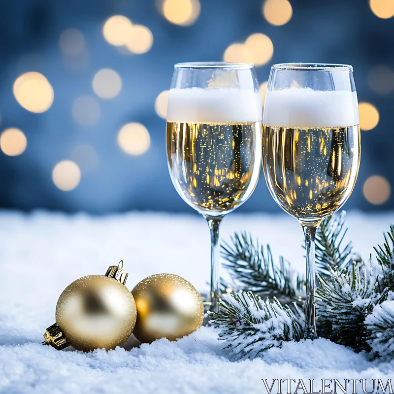 Holiday Festivities with Champagne and Golden Ornaments AI Image