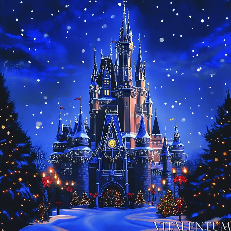 Festively Lit Castle on a Snowy Winter Night AI Image