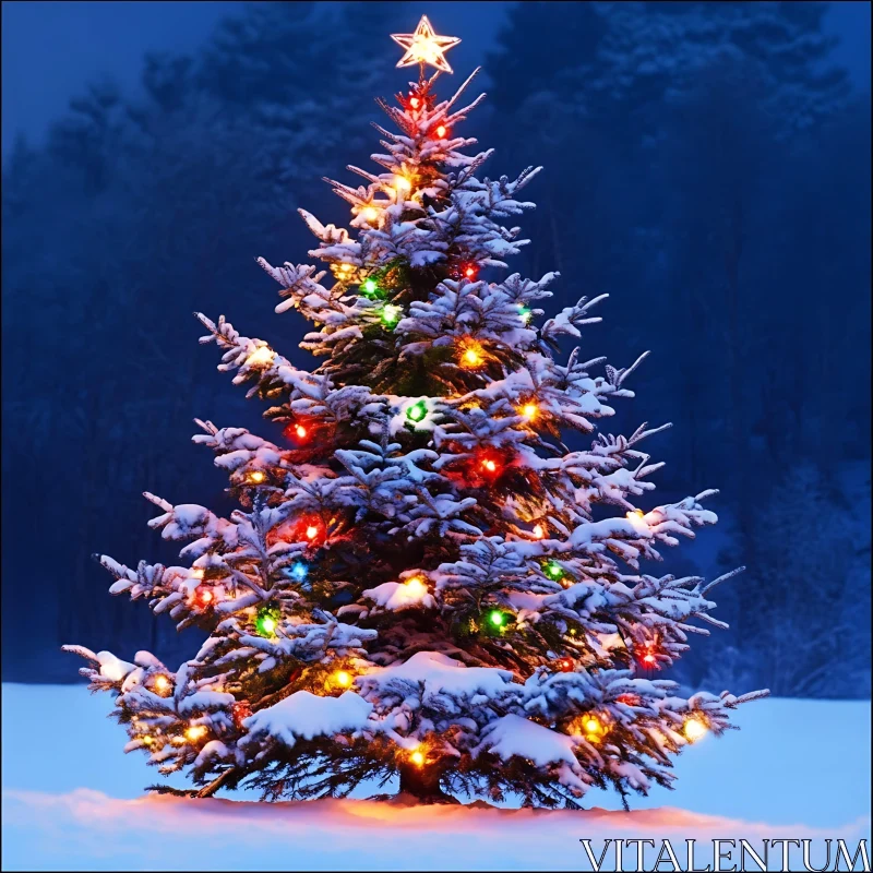 Snowy Christmas Tree with Festive Lights AI Image