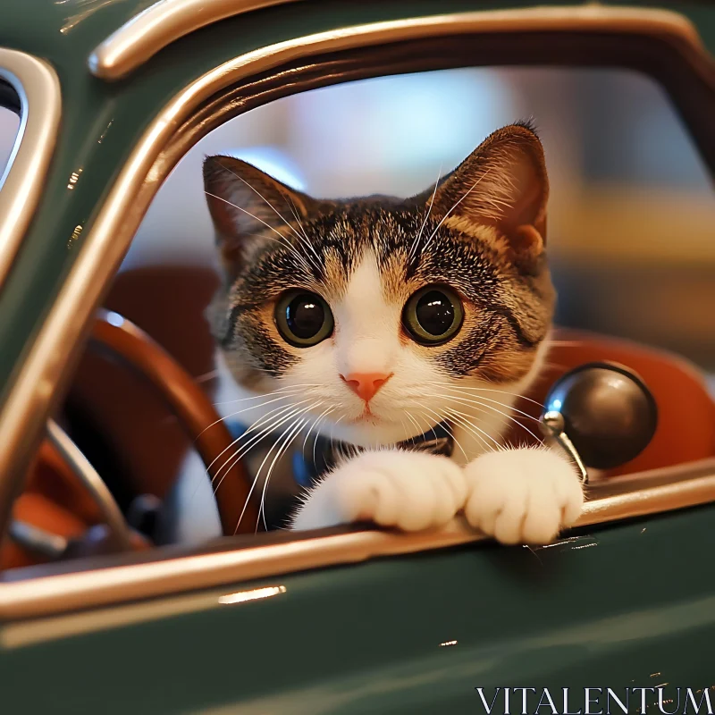 Cute Feline Peeking from Toy Car Window AI Image