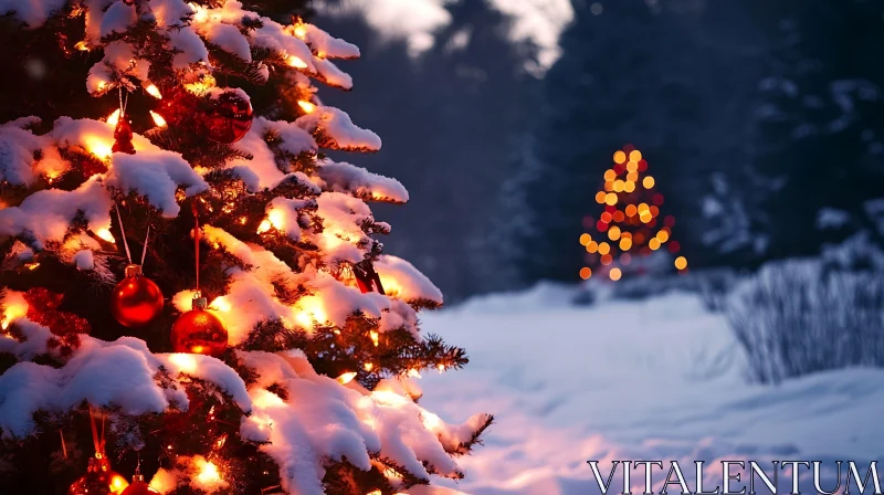 Festive Christmas Tree with Lights in Snowy Forest AI Image