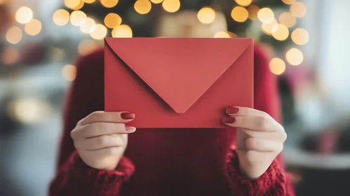 Red Envelope in Hands with Festive Bokeh Lights