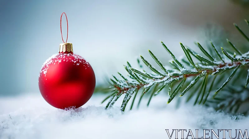 Festive Red Bauble on Snow with Evergreen Branch AI Image