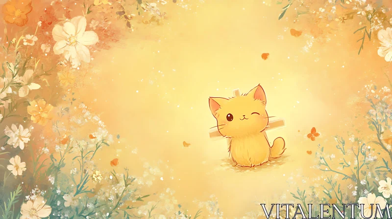 Whimsical Kitten in a Field of Flowers AI Image