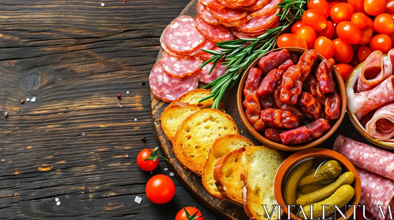 Delicious Cured Meats and Fresh Bread Still Life on Wooden Table AI Image