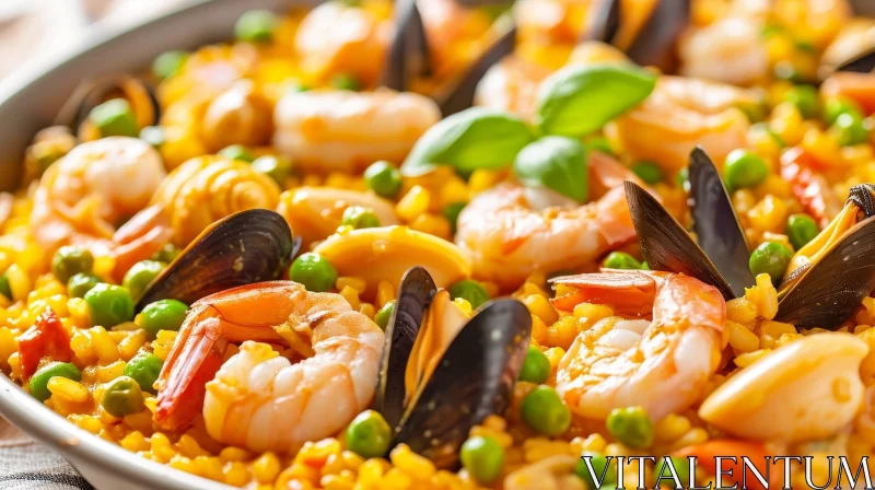 Delicious Spanish Paella with Shrimp, Mussels, Peas, and Bell Peppers AI Image