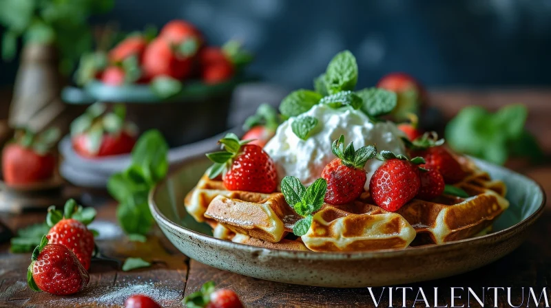 Delicious Waffles with Fresh Strawberries and Whipped Cream AI Image