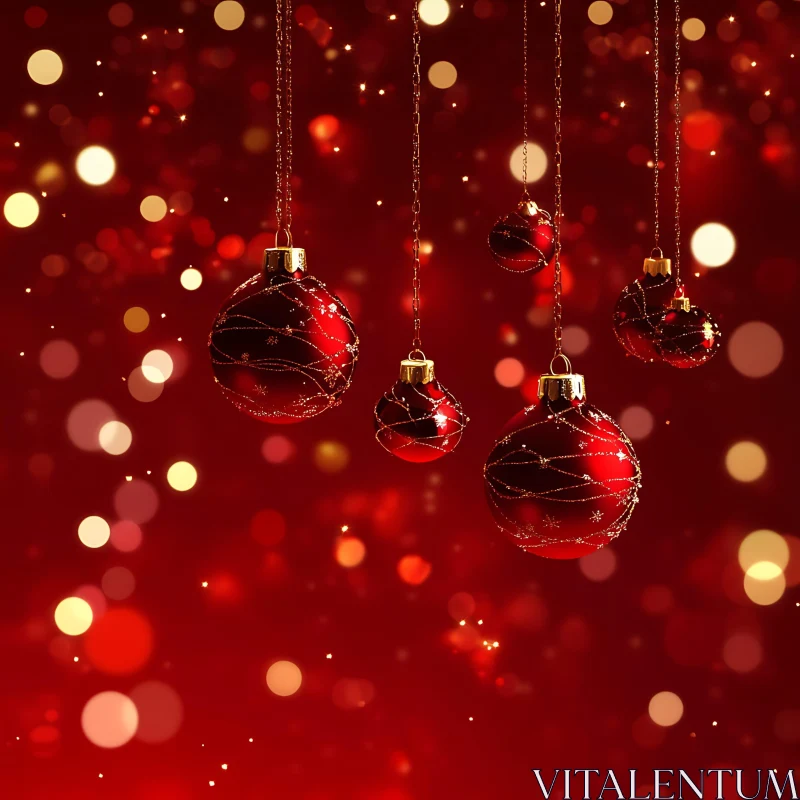 Red Ornamental Christmas Baubles with Golden Swirls AI Image