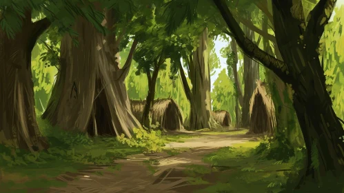 Enchanting Digital Painting of a Forest with Path and Huts