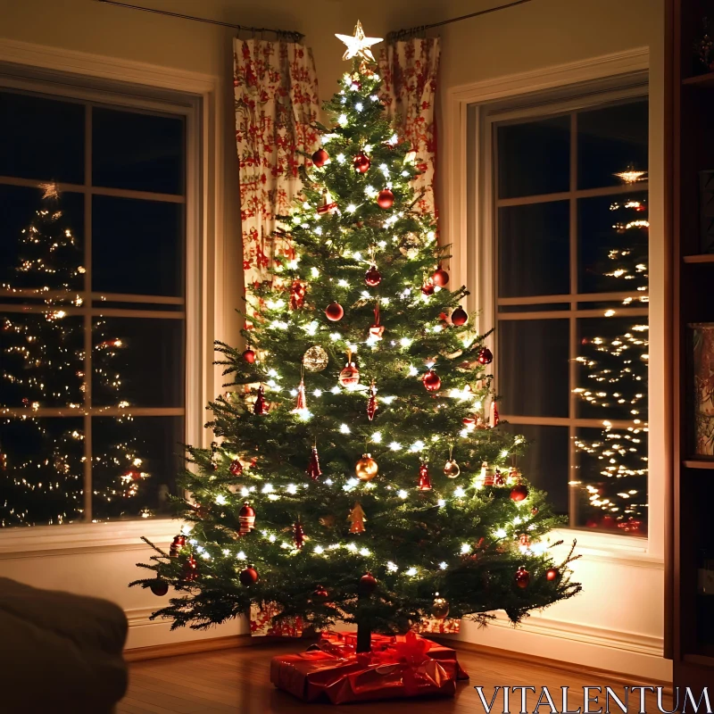 Festive Christmas Tree with Ornaments and Presents AI Image