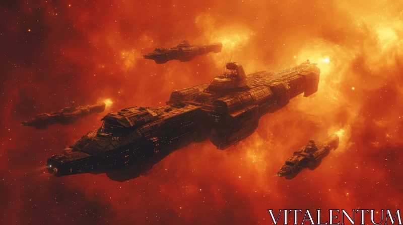 Fleet of Five Spaceships in Red Nebula Formation AI Image