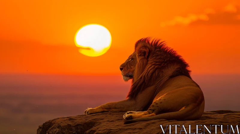Lion Sitting on Moss-Covered Rock in Grassy Plain at Sunset AI Image