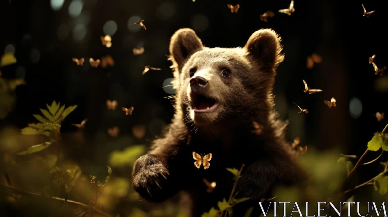 Playful Brown Bear Amid Butterflies in a Dreamy Forest AI Image