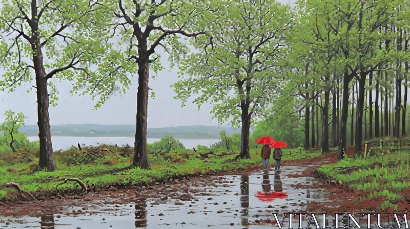 Rainy Couple Walking in Nature - Red Raincoats and Umbrellas AI Image