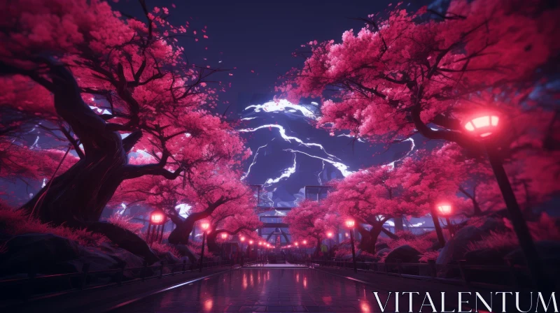 Spectacular Cherry Blossoms Amid Lightning: A Vivid Street Scene AI Image
