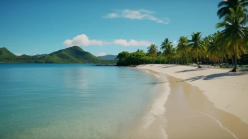Tranquil Beach with Palm Trees and Mountains | Serene Nature Imagery