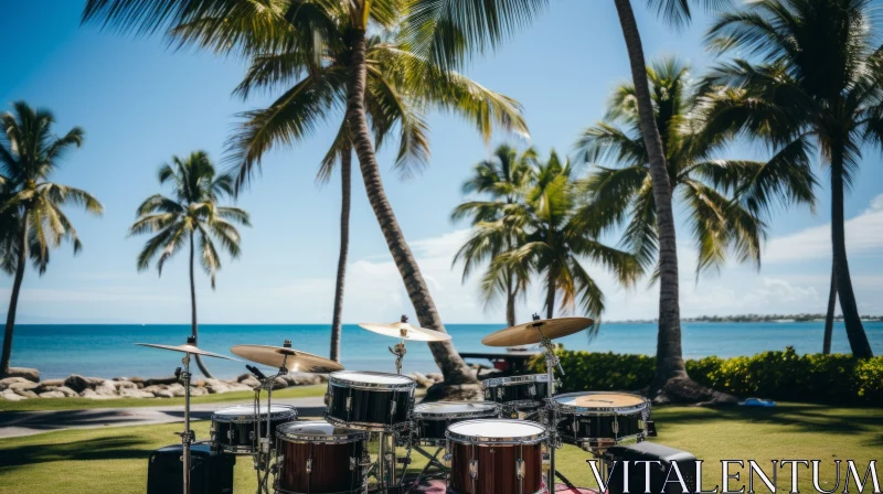 Tropical Music Escape: Drum Set on the Beach AI Image