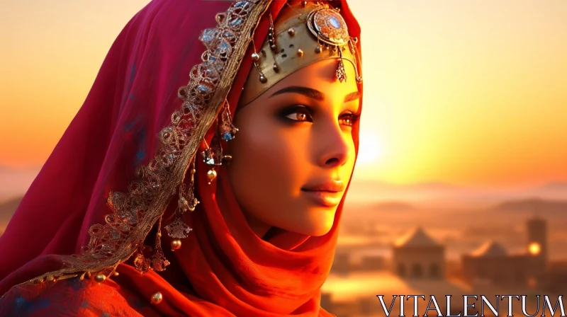 AI ART Young Woman in Red Hijab at Sunset
