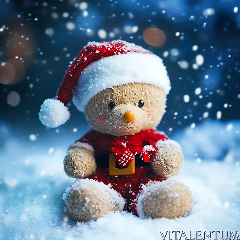 Christmas Teddy Bear with Santa Hat and Snow AI Image