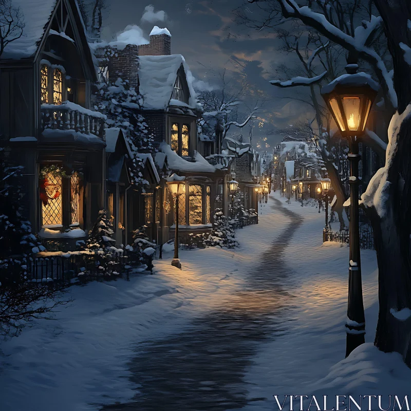 Winter Wonderland Village Scene at Night AI Image