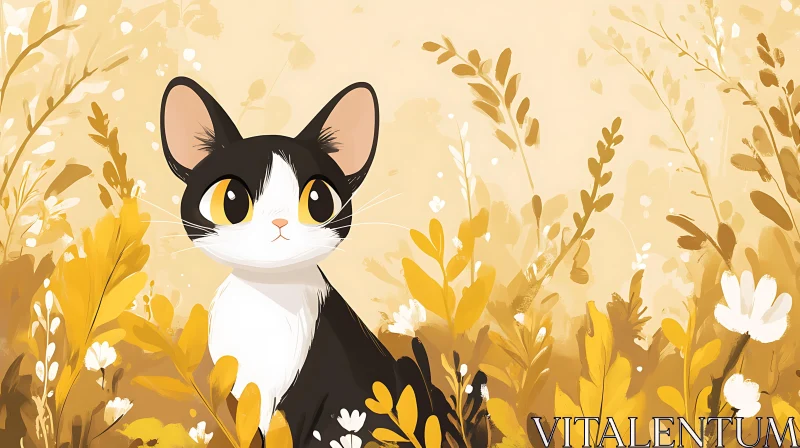 Whimsical Cat Illustration Amidst Yellow Flowers AI Image