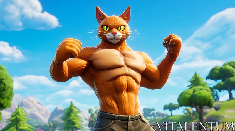 Strong Anthropomorphic Cat Flexing Muscles AI Image