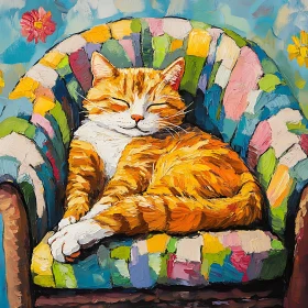 Orange Cat Lounging on a Vibrant Armchair in a Serene Painting