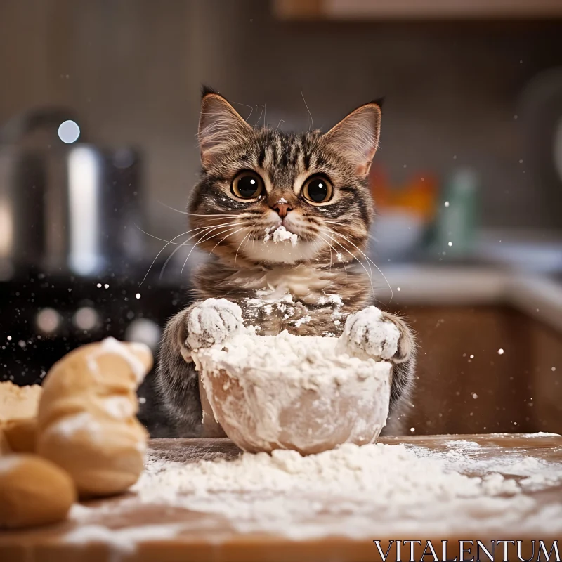 Cute Cat with Flour in Kitchen AI Image