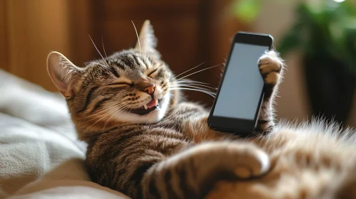 Happy Cat Holding Phone and Smiling